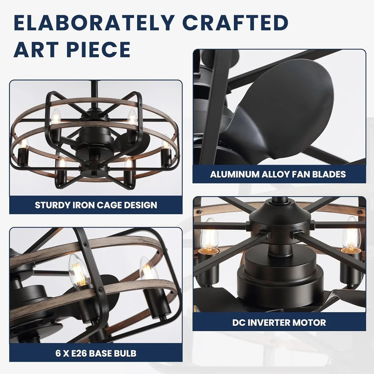Farmhouse 25 inch Cage Ceiling Fan Light with Remote Control - Feyran