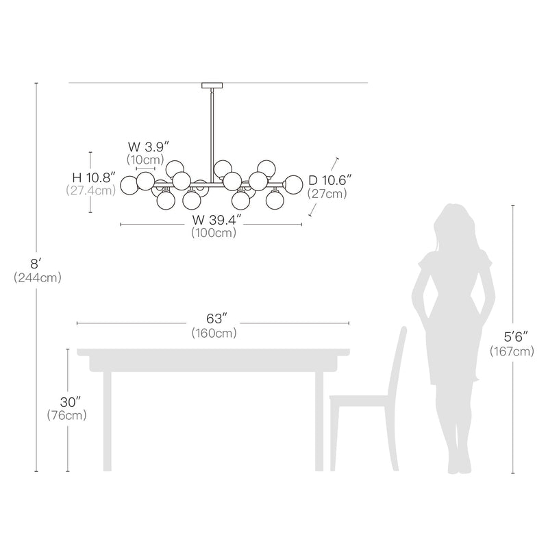 Glass Globes Linear Chandelier- Size Dimension