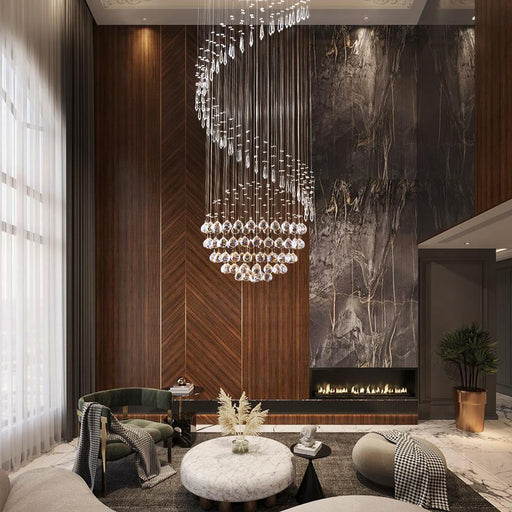 Single Spiral Hemisphere Rain Drop Crystal Chandelier - Staircase