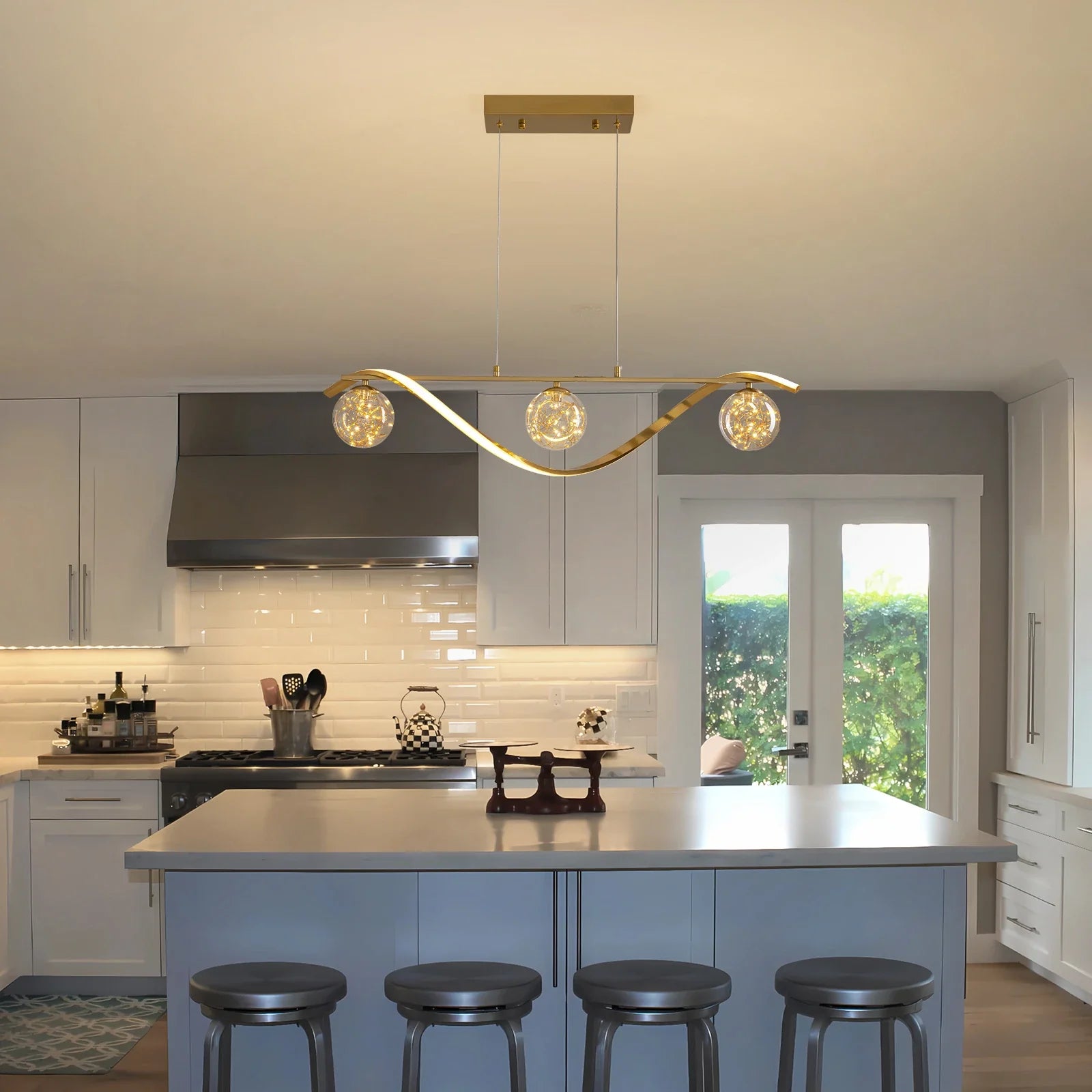Linear LED Pendant Chandelier in Gold with Glass Globe Shade-Feyran