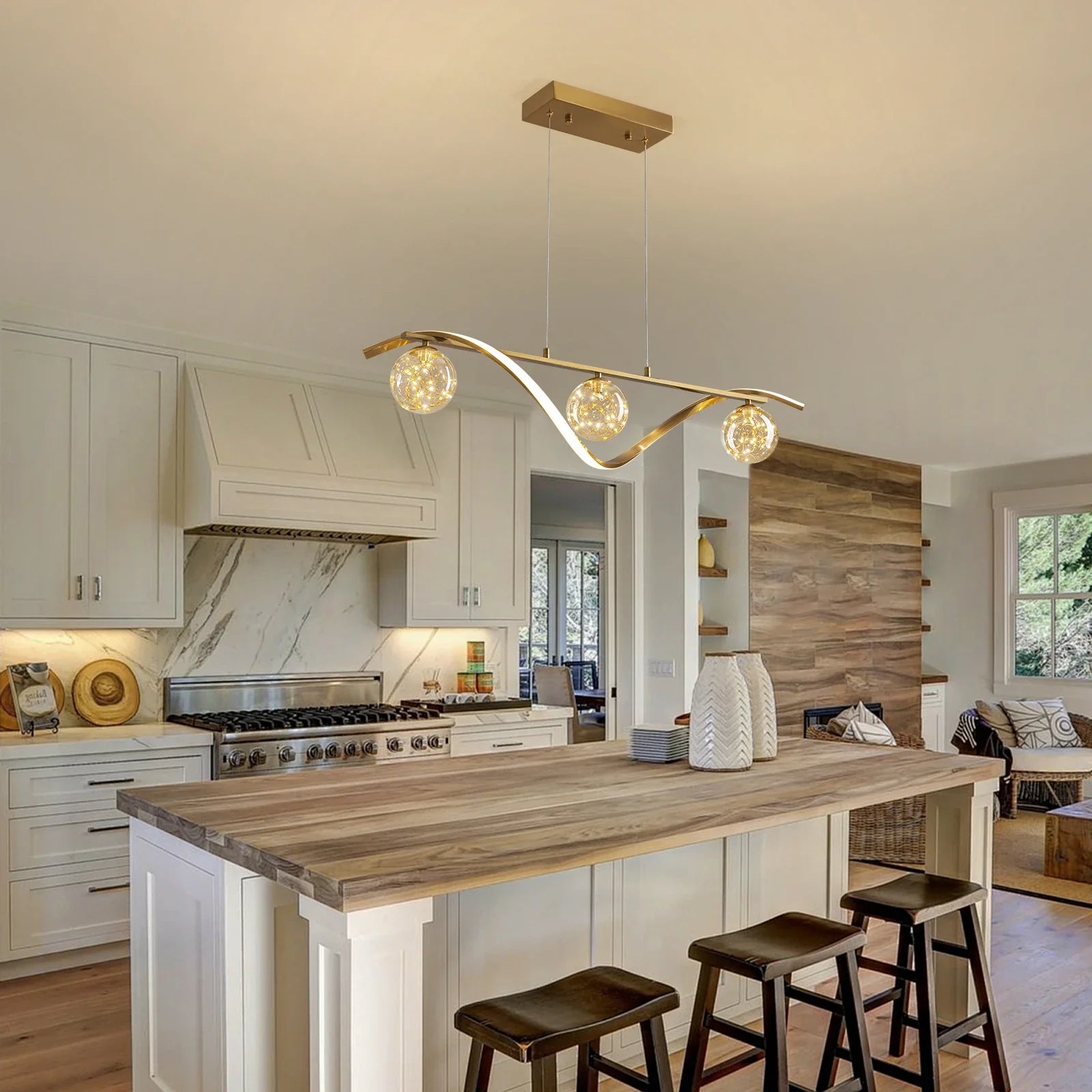 Linear LED Pendant Chandelier in Gold with Glass Globe Shade-Feyran