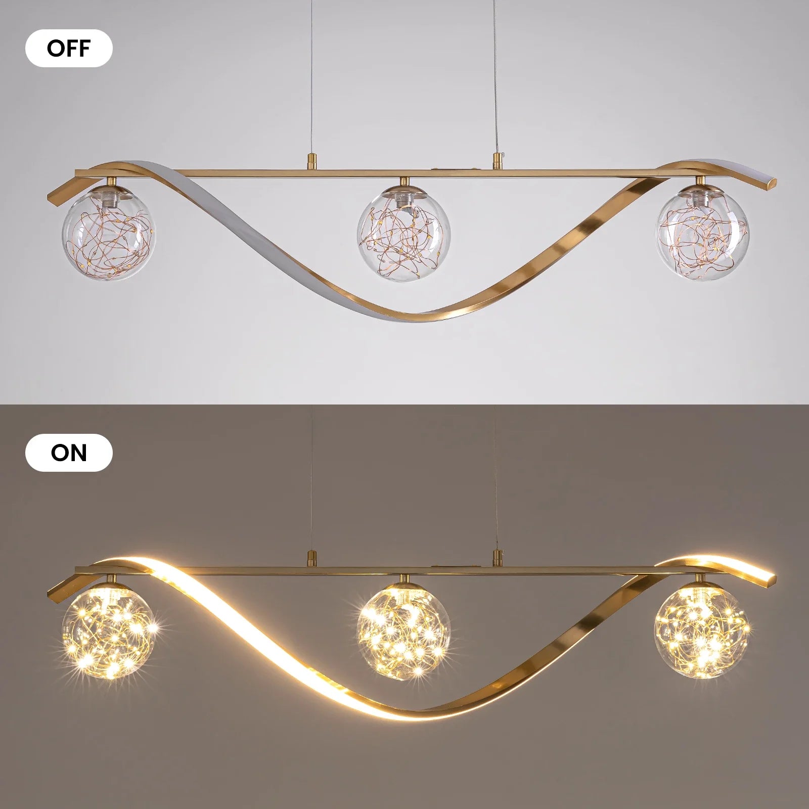 Linear LED Pendant Chandelier in Gold with Glass Globe Shade-Feyran