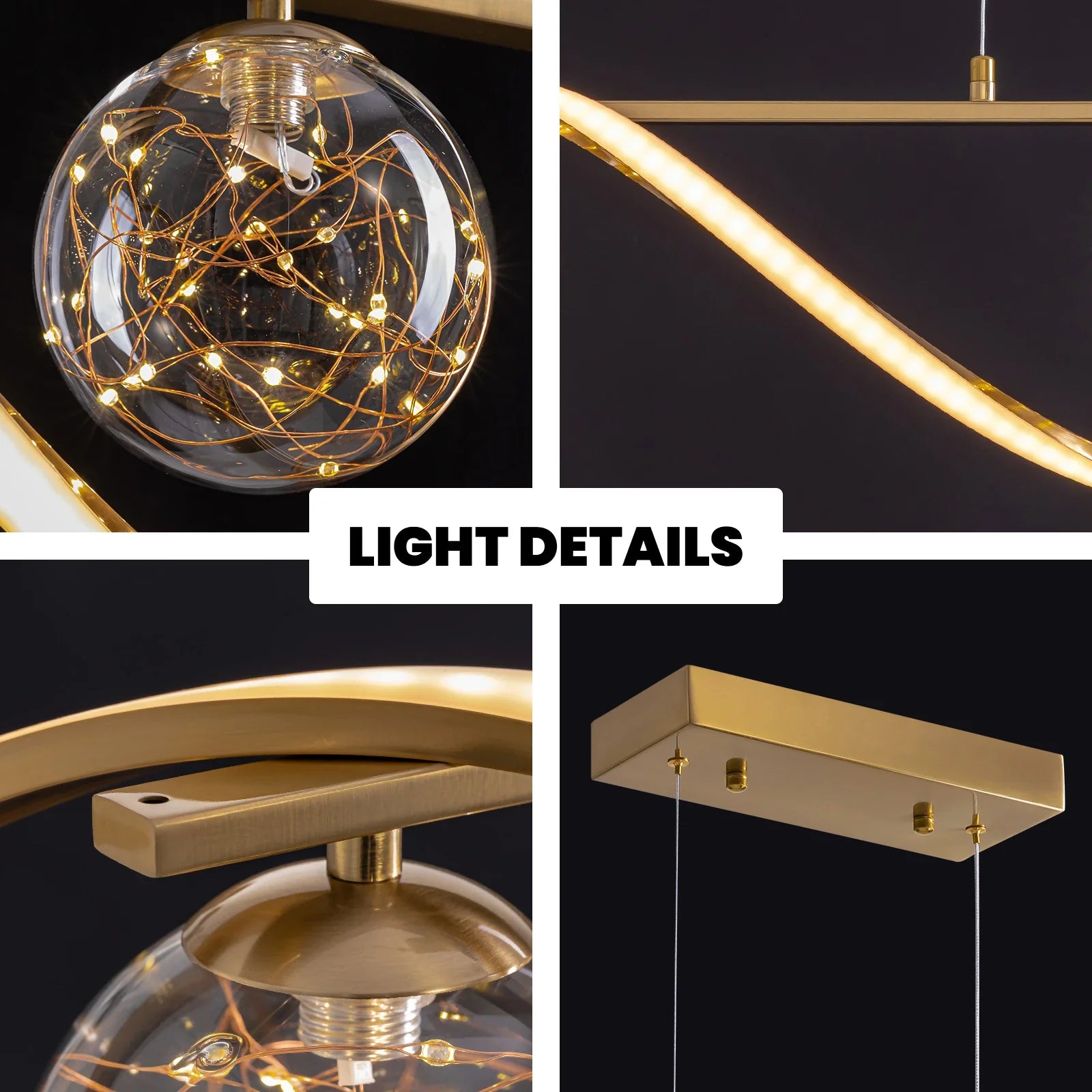 Linear LED Pendant Chandelier in Gold with Glass Globe Shade-Feyran