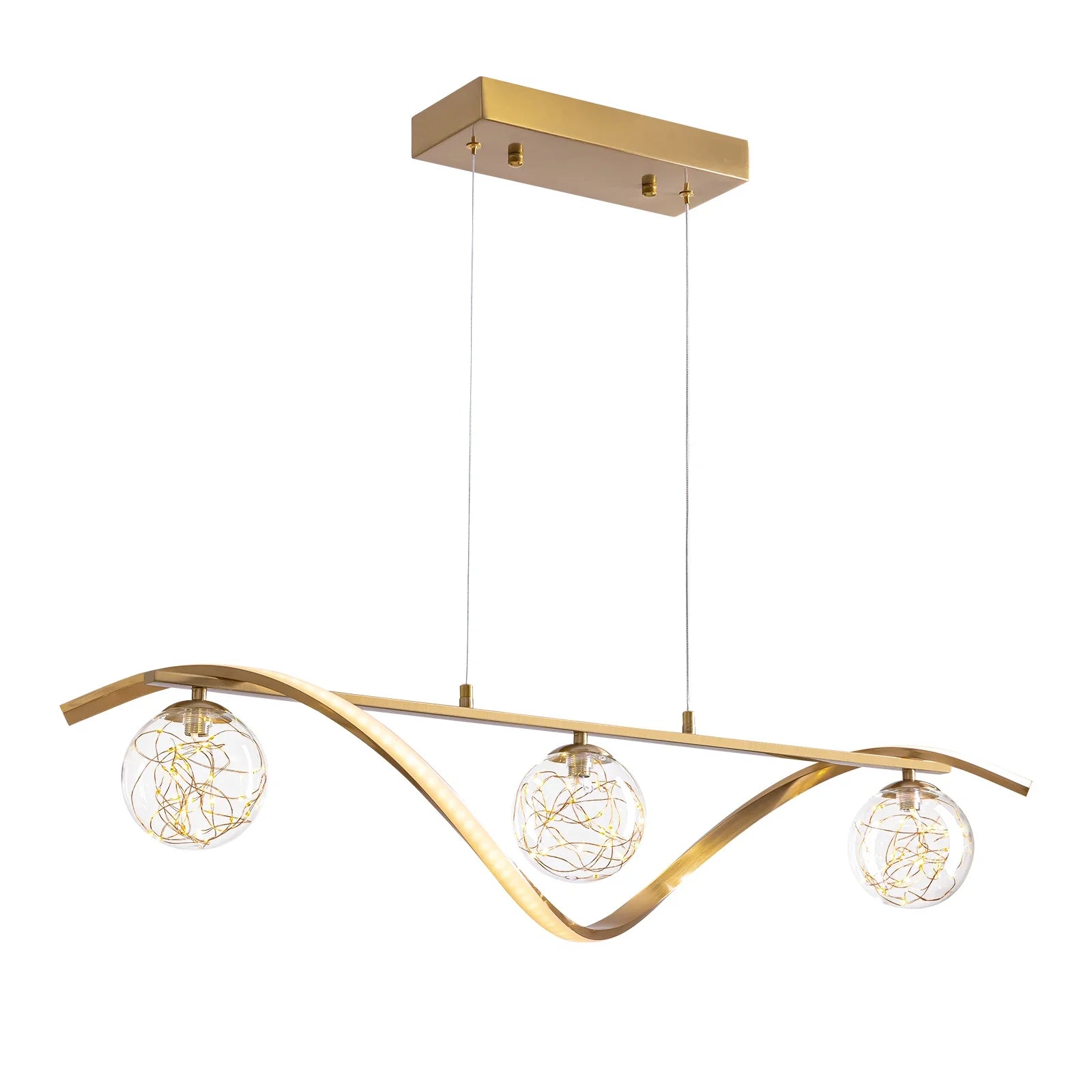 Linear LED Pendant Chandelier in Gold with Glass Globe Shade-Feyran