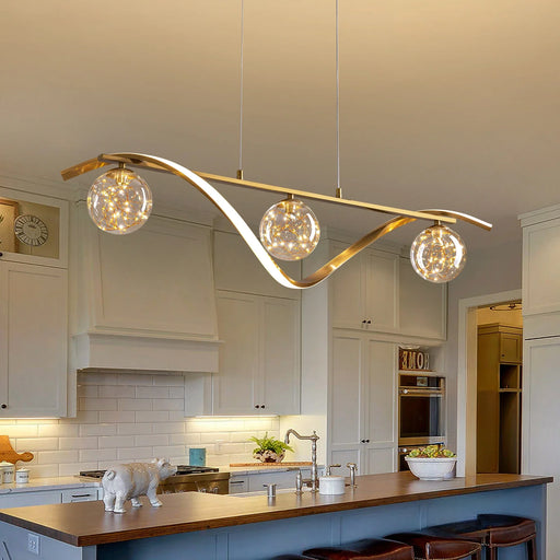 Linear LED Pendant Chandelier in Gold with Glass Globe Shade-Feyran