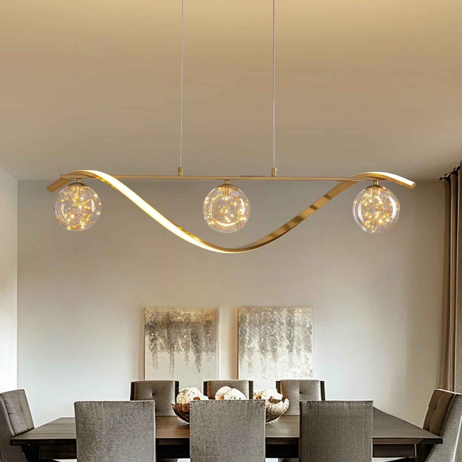 Linear LED Pendant Chandelier in Gold with Glass Globe Shade-Feyran