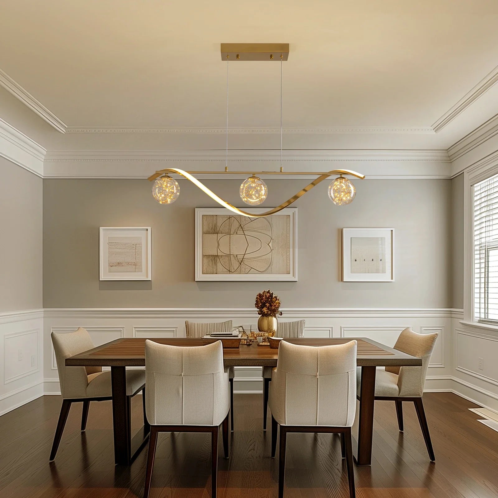 Linear LED Pendant Chandelier in Gold with Glass Globe Shade-Feyran
