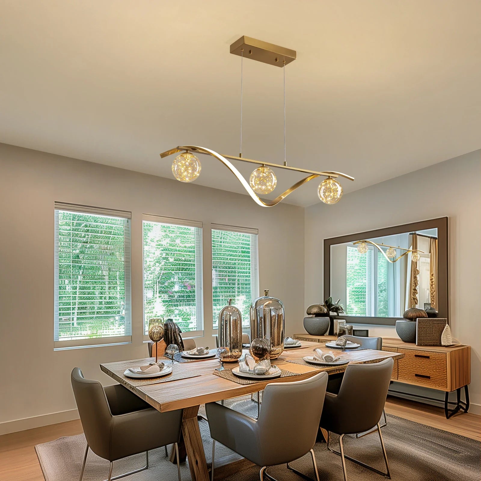 Linear LED Pendant Chandelier in Gold with Glass Globe Shade-Feyran