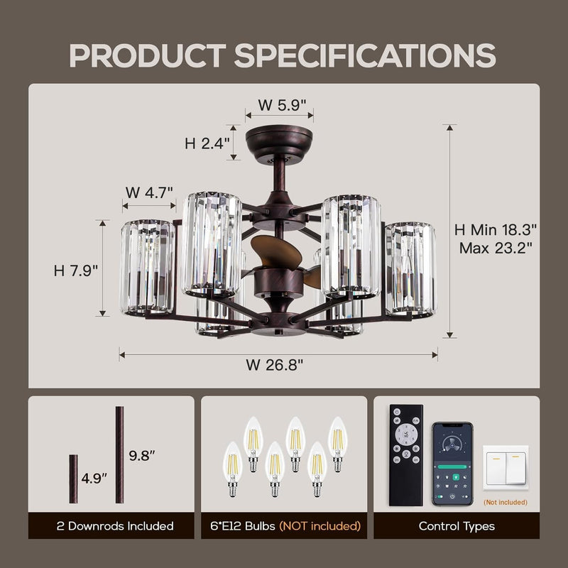 LumiBreeze 27 inch Crystal Fan Chandelier - Feyran