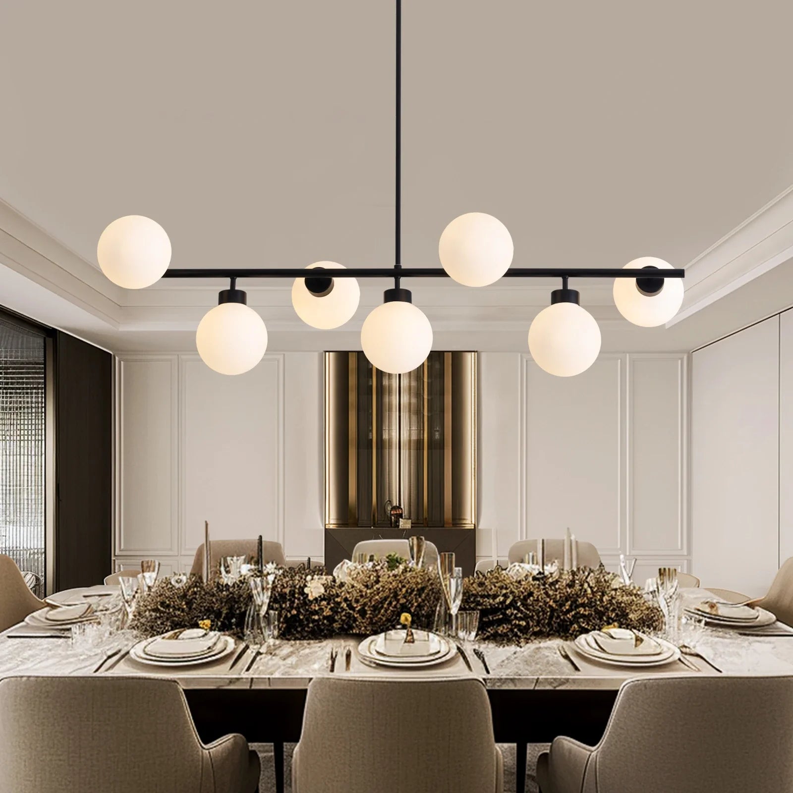 Modern Linear Black Chandelier with Milk Glass Globes - Feyran