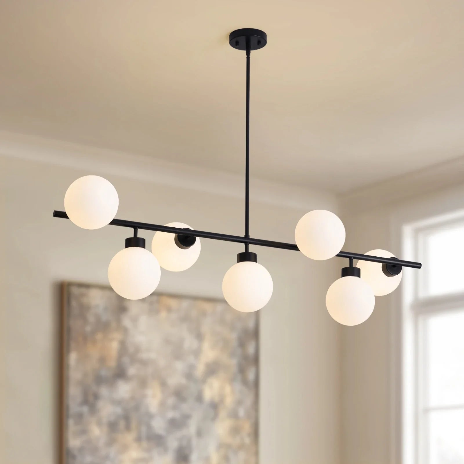 Modern Linear Black Chandelier with Milk Glass Globes - Feyran