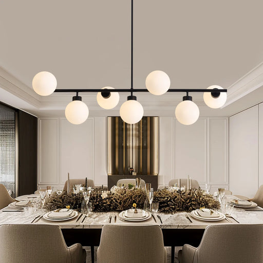 Modern Linear Black Chandelier with Milk Glass Globes - Feyran