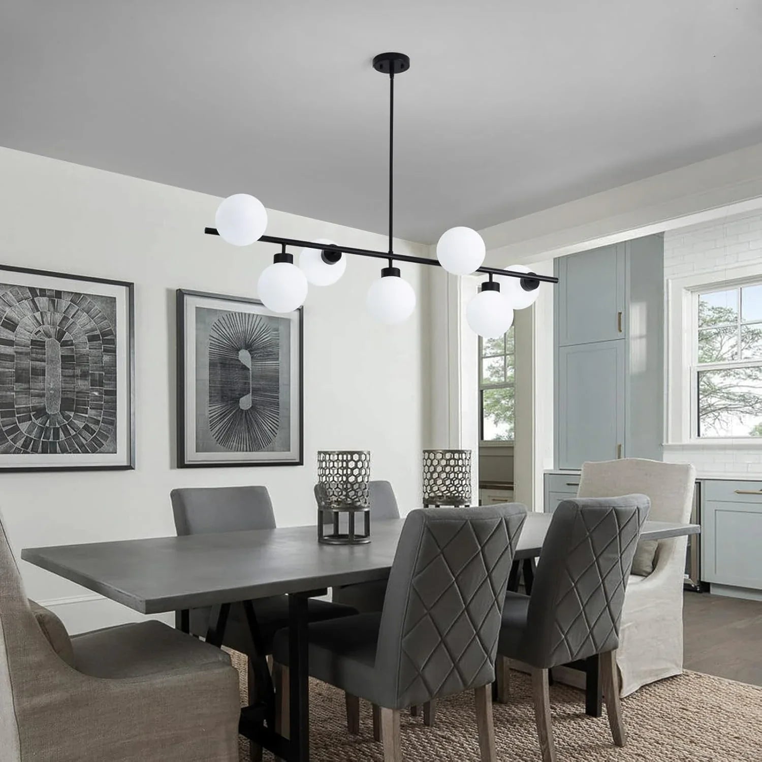 Modern Linear Black Chandelier with Milk Glass Globes - Feyran