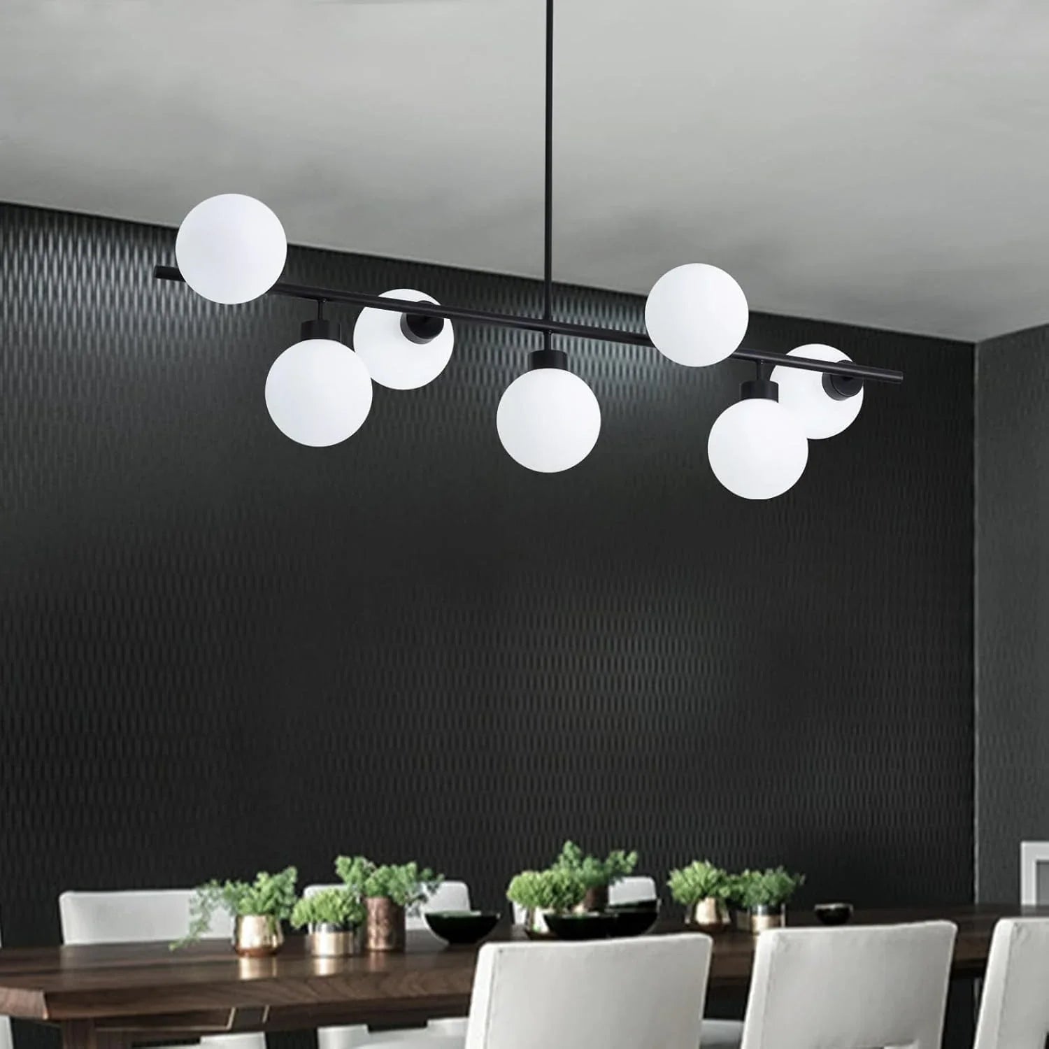 Modern Linear Black Chandelier with Milk Glass Globes - Feyran