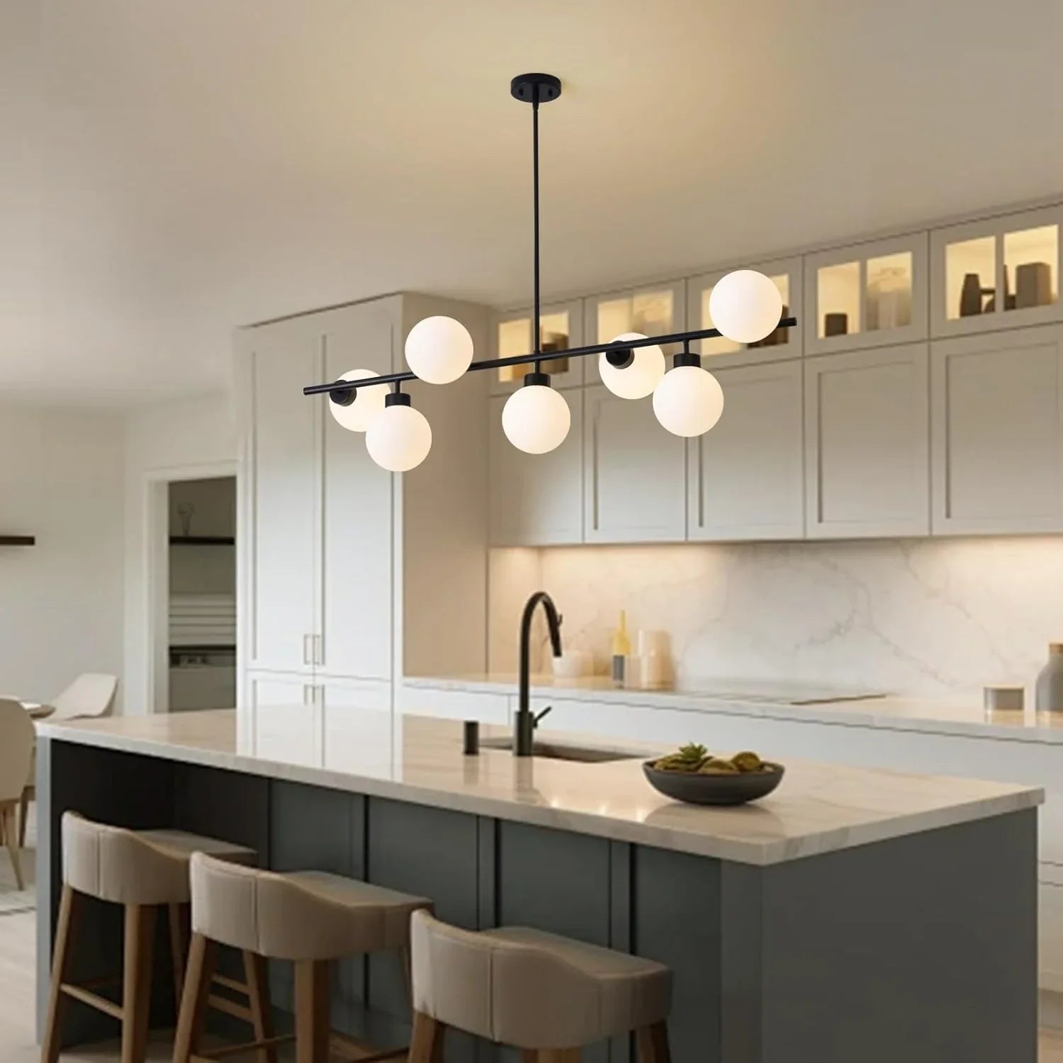 Modern Linear Black Chandelier with Milk Glass Globes - Feyran