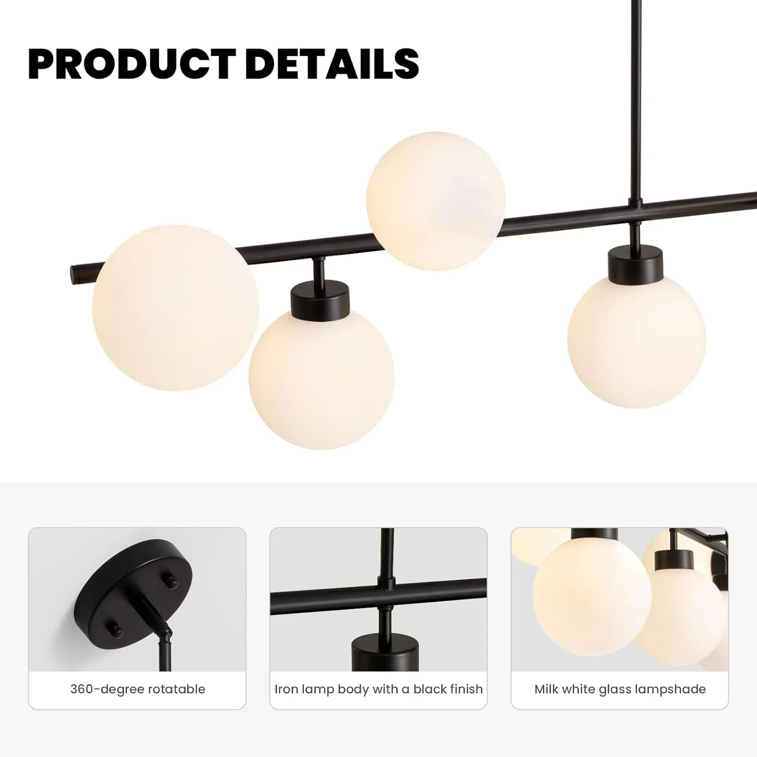 Modern Linear Black Chandelier with Milk Glass Globes - Feyran