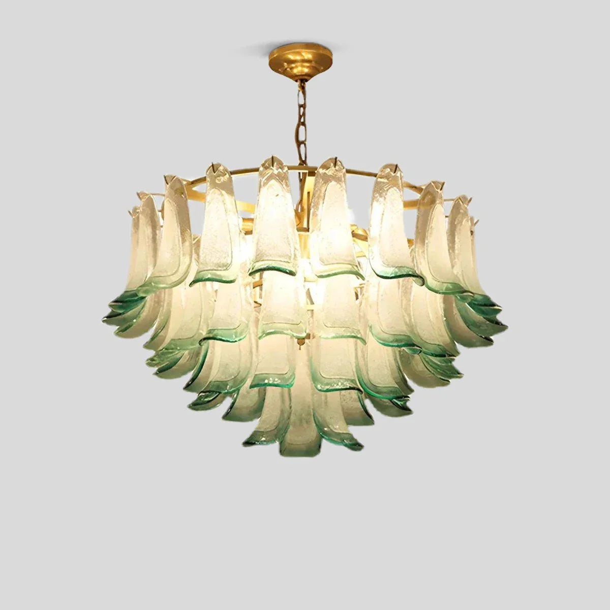 Feyran Gold Tiered Green Glass Chandelier for High Ceiling