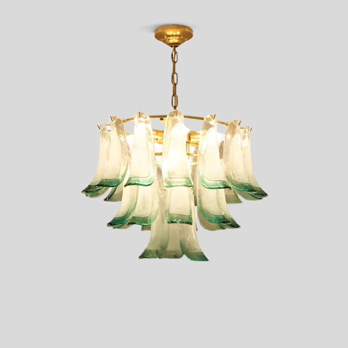 Feyran Gold Tiered Green Glass Chandelier for High Ceiling
