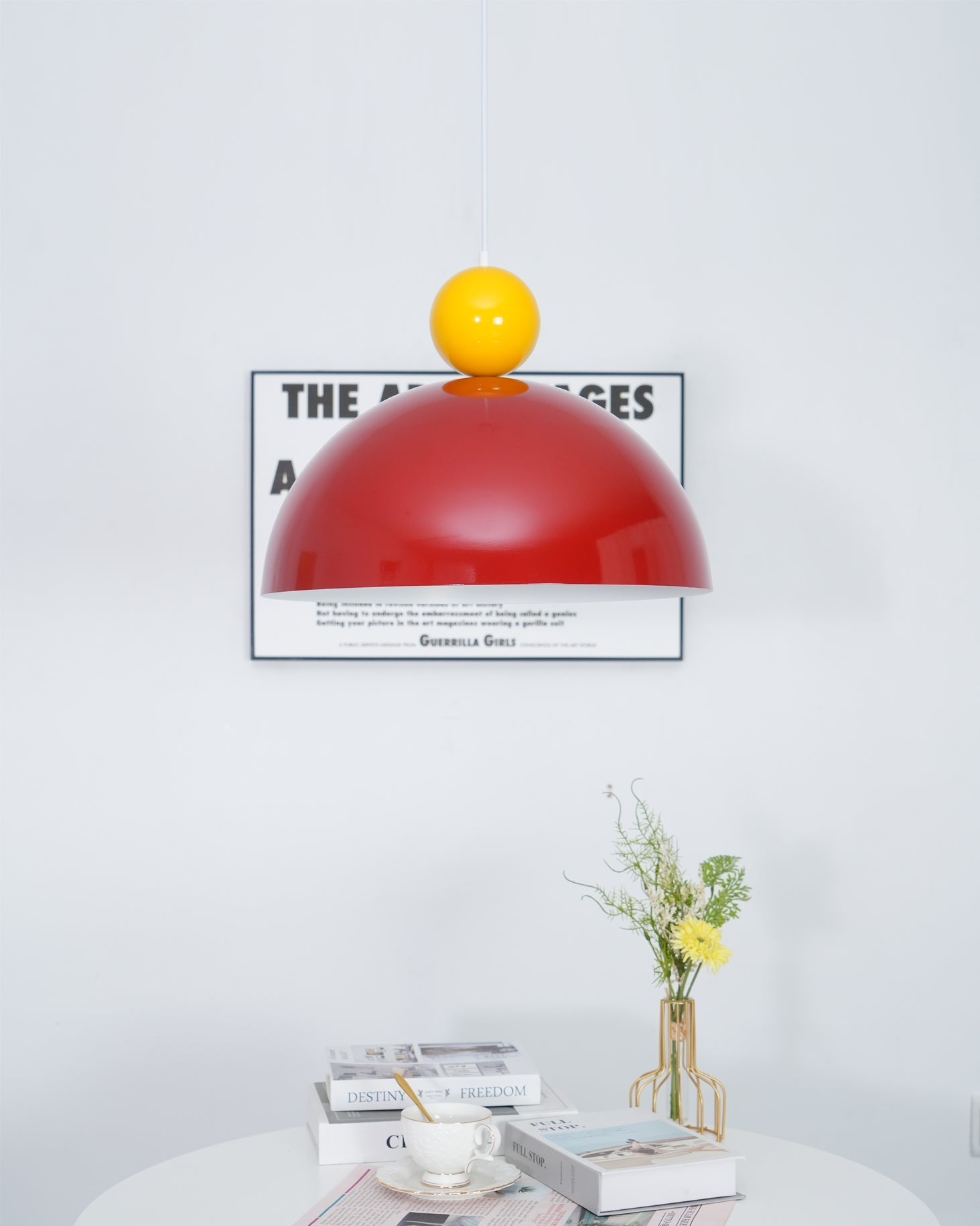 Posa Modern Minimalist Metal Pendant Lamp, Elegant Gold Finish, Colorful Orb Accent