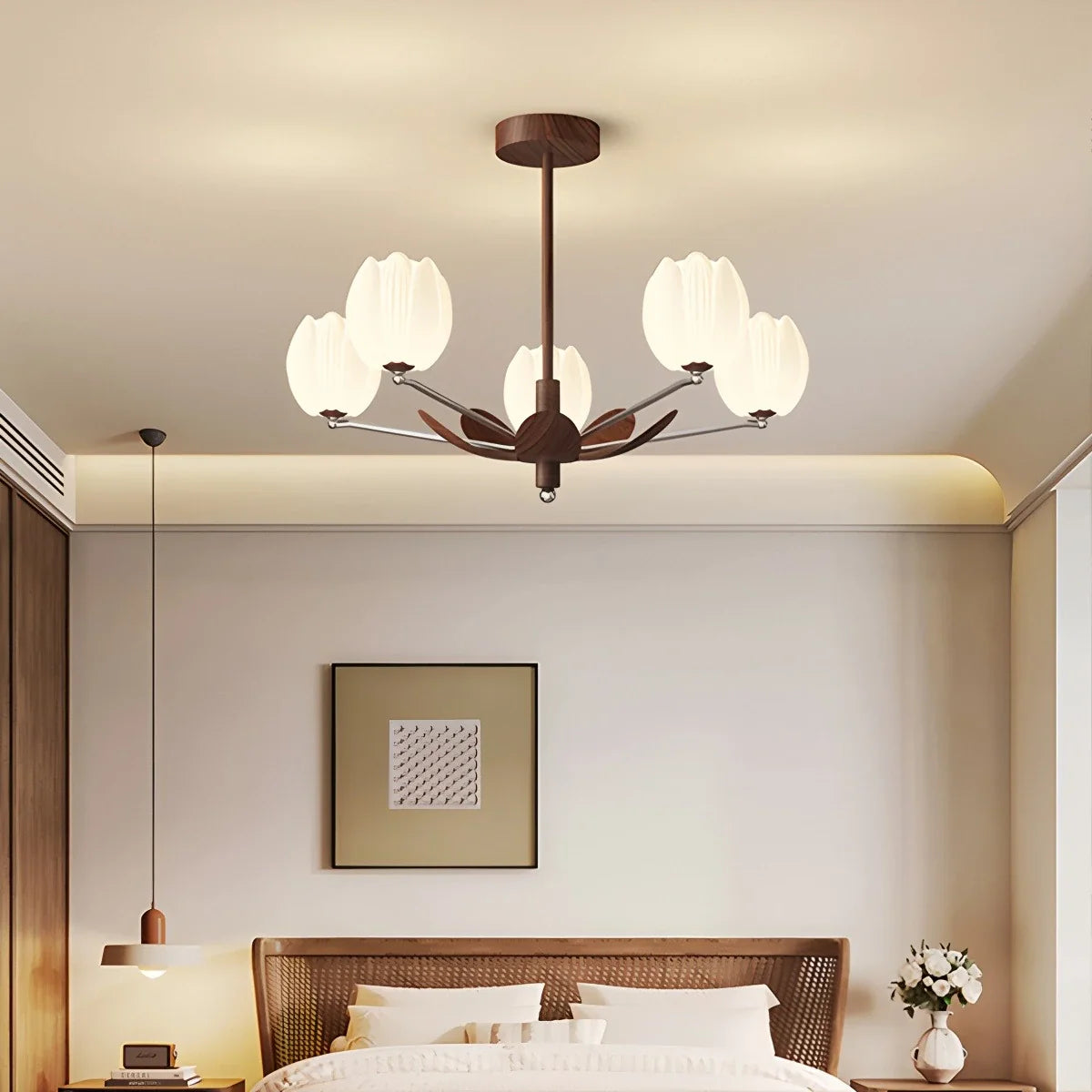 Feyran Retro Walnut Color Flower Chandelier for Living Room