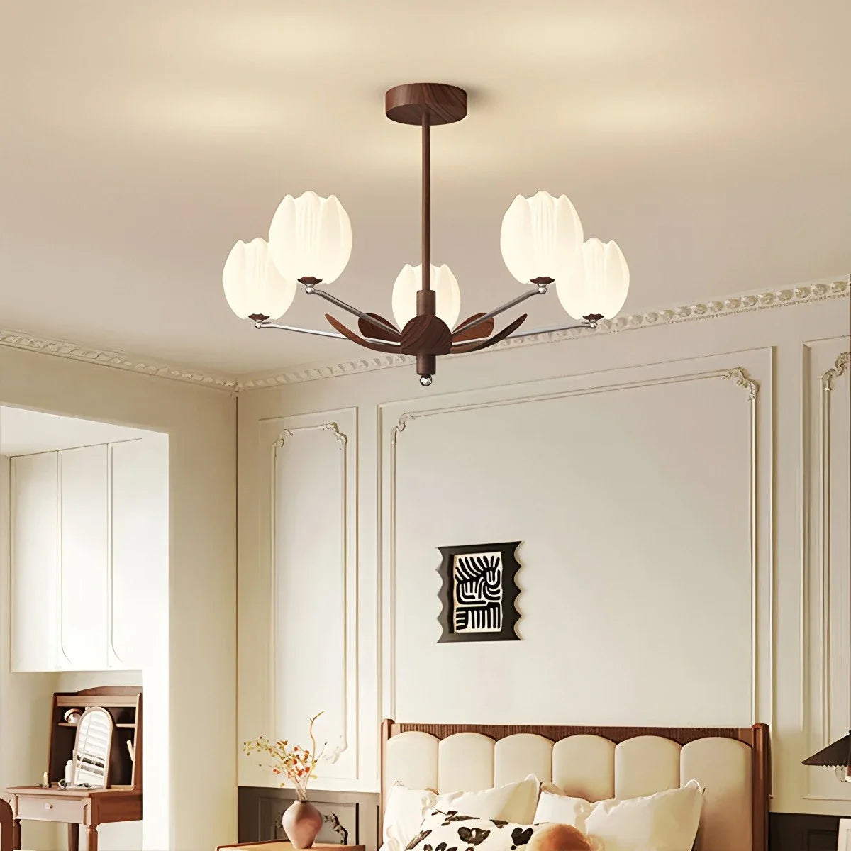 Feyran Retro Walnut Color Flower Chandelier for Living Room