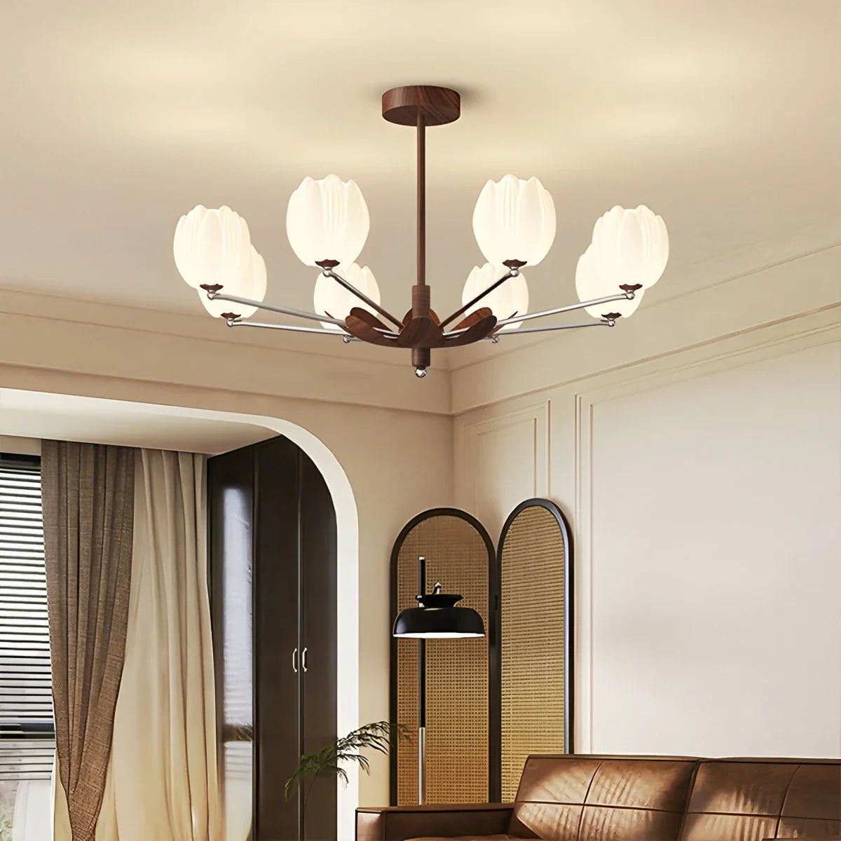 Feyran Retro Walnut Color Flower Chandelier for Living Room