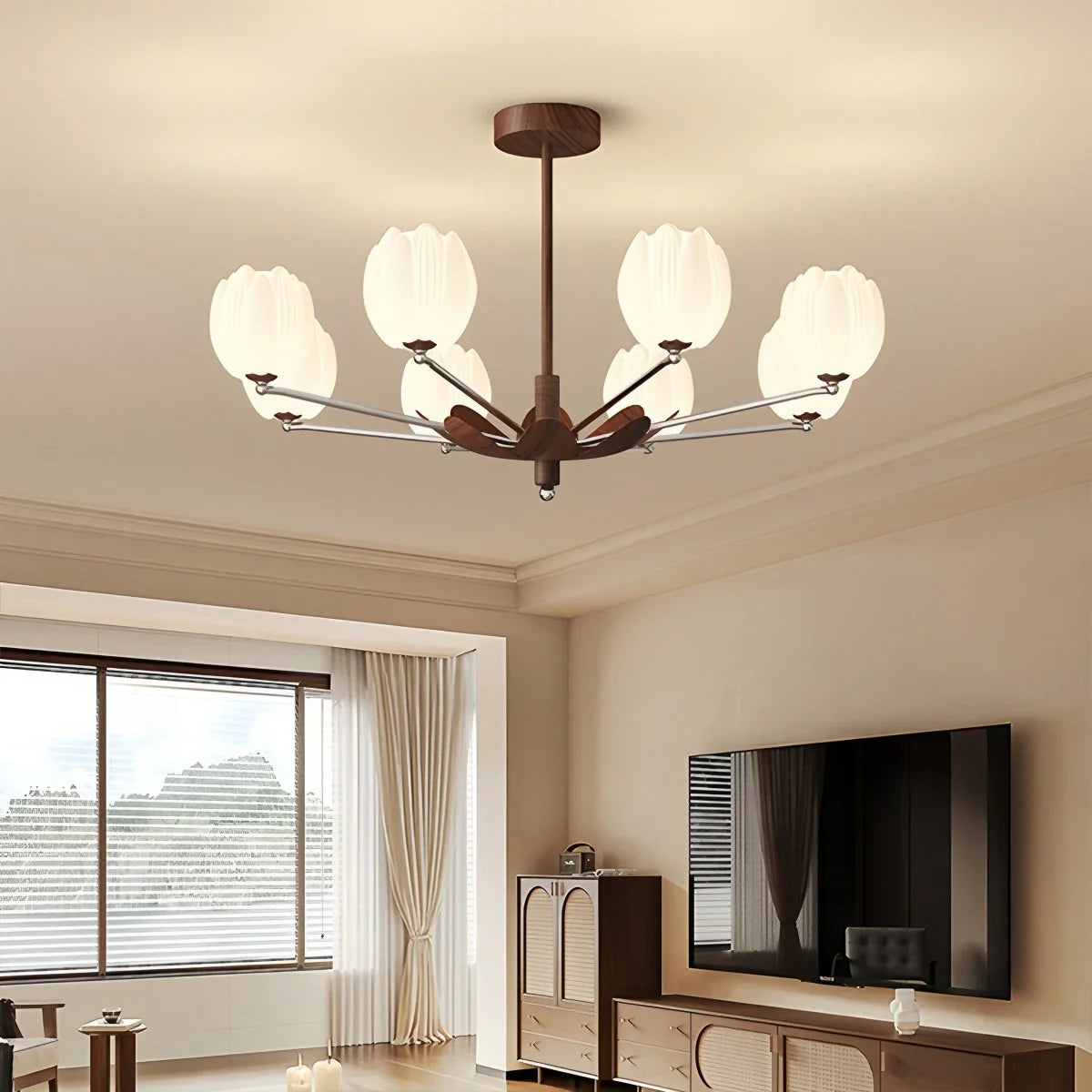 Feyran Retro Walnut Color Flower Chandelier for Living Room