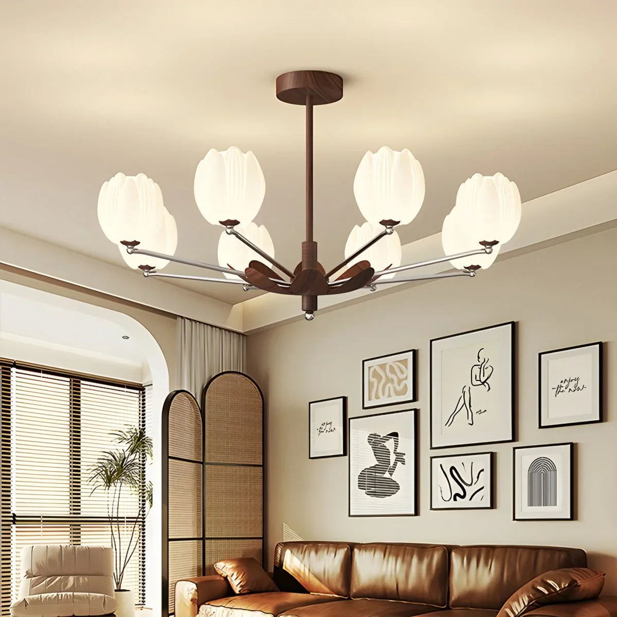 Feyran Retro Walnut Color Flower Chandelier for Living Room