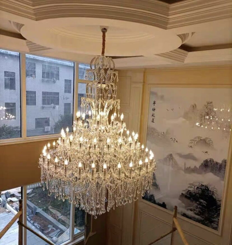 Oversized Luxury Traditional Gold/Chrome Candle Branch Crystal Chandelier for 2-story/Duplex Buildings