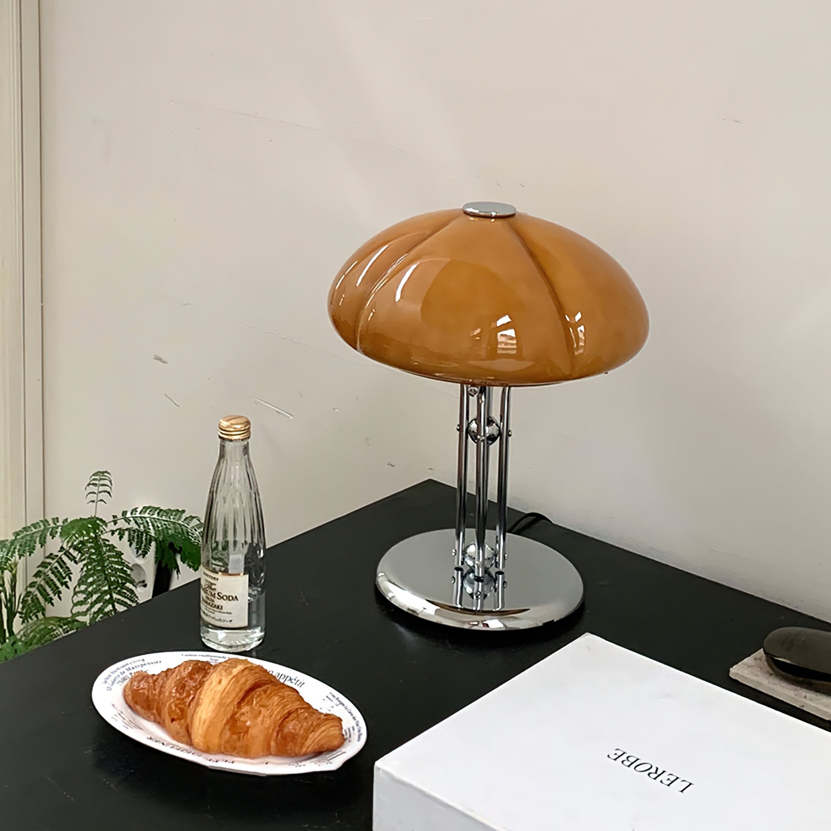 Quadrifoglio Designer Orange Glass Table Lamp with Chrome Base, Mid-Century Modern Accent Light