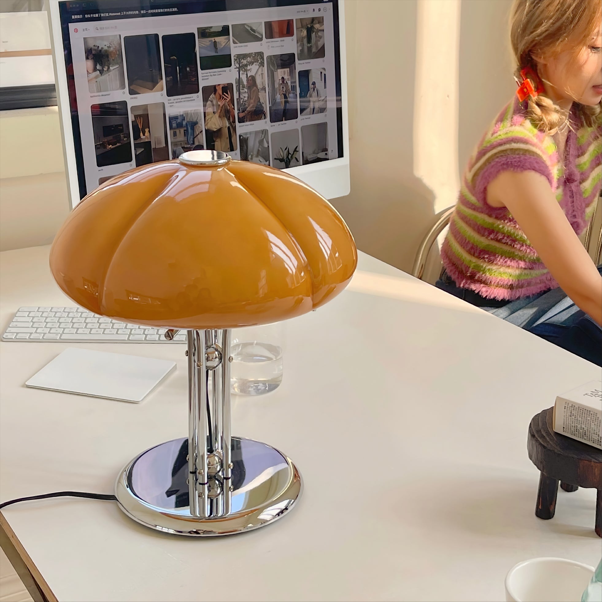 Quadrifoglio Designer Orange Glass Table Lamp with Chrome Base, Mid-Century Modern Accent Light