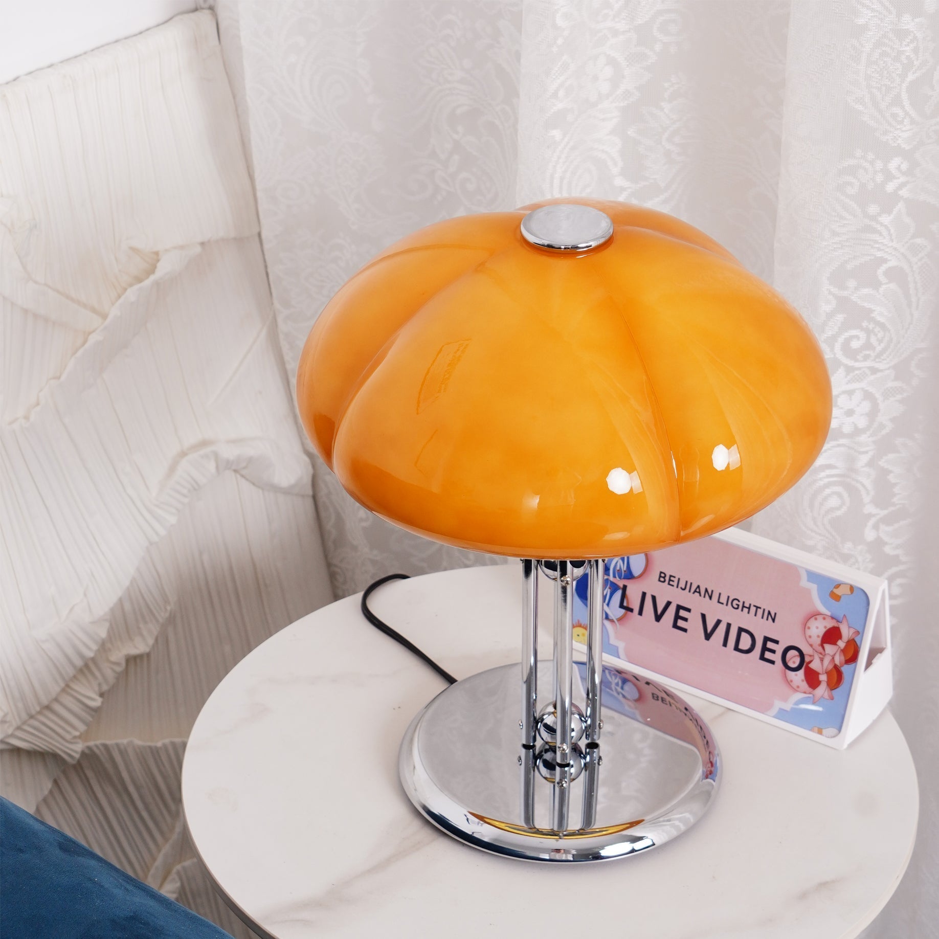 Quadrifoglio Designer Orange Glass Table Lamp with Chrome Base, Mid-Century Modern Accent Light