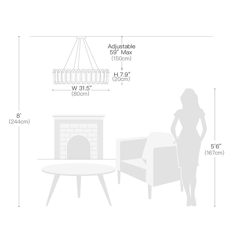 Round Glass Shade Metal Frame Chandelier- Size Dimension