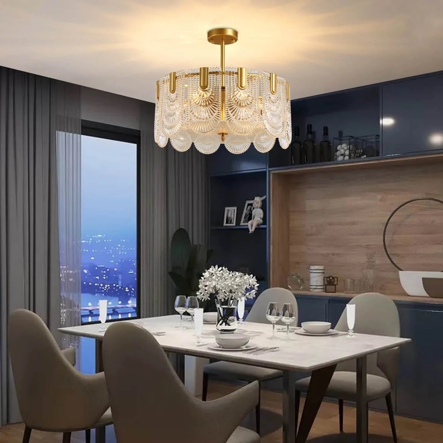 Round Shape Gold Glass Chandelier - Dining Room | Feyran