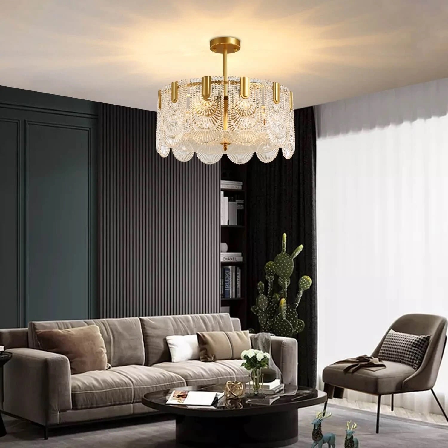 Round Shape Gold Glass Chandelier - Living Room | Feyran