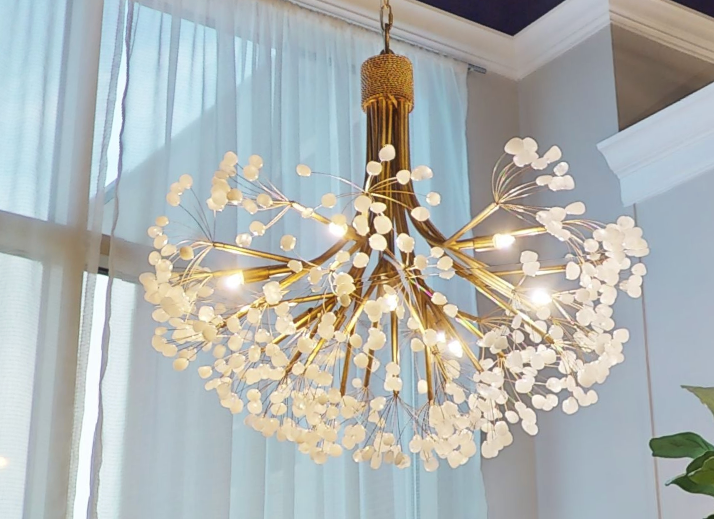 Stone Quartz Nine-Light Chandelier, Gold Leaf Finish with Natural Crystals, G9 Bulbs - Feyran