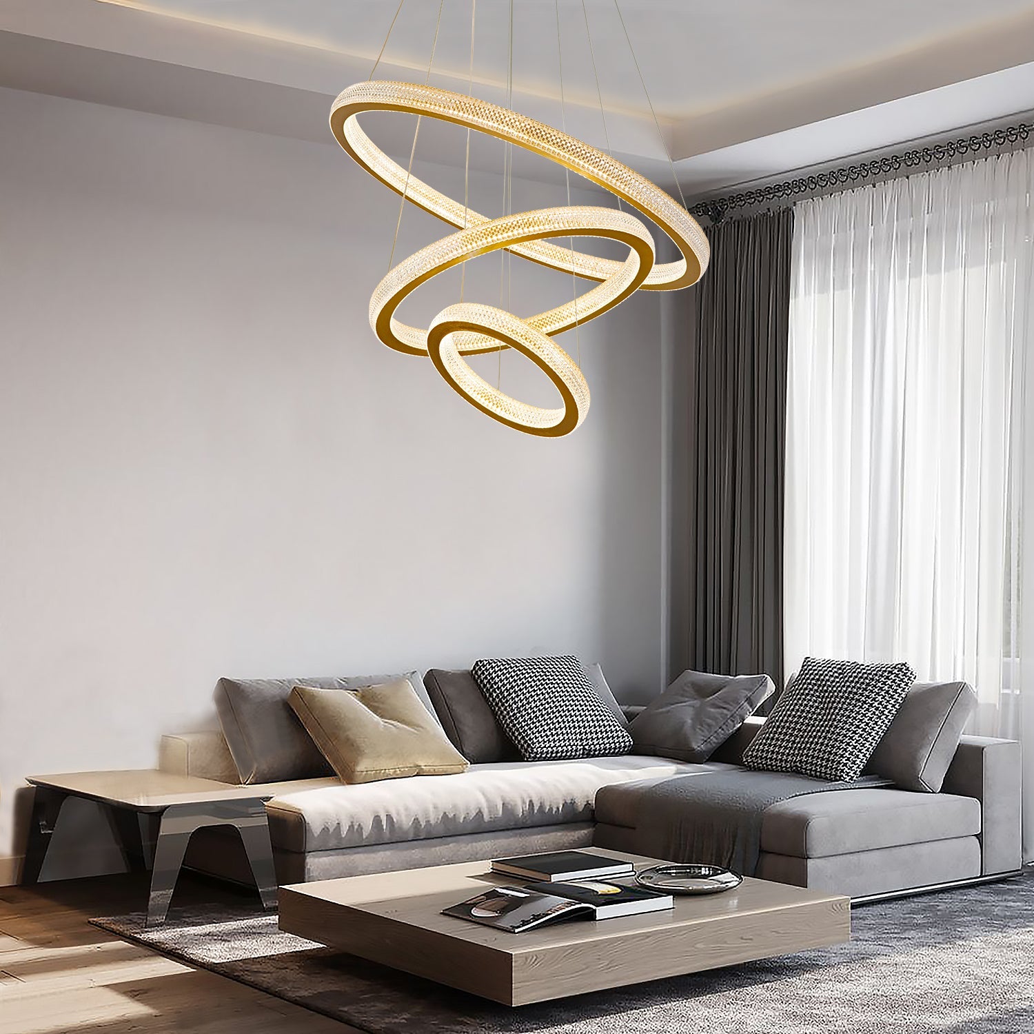 Three Rings Gold LED Chandelier - living Room | Feyran