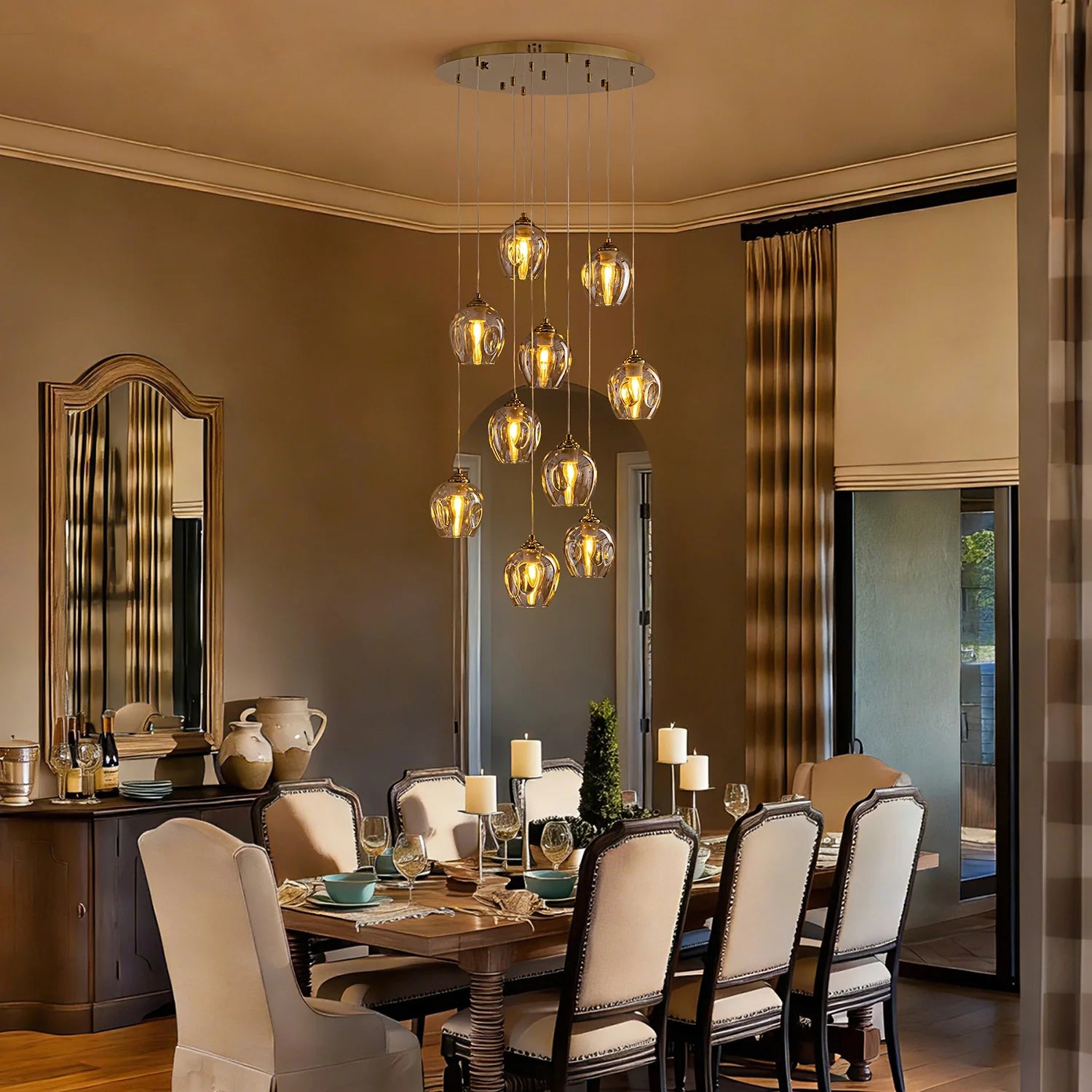 aura-luxury-glass-chandelier-hanging-above-a-dining-table-Feyran-lighting