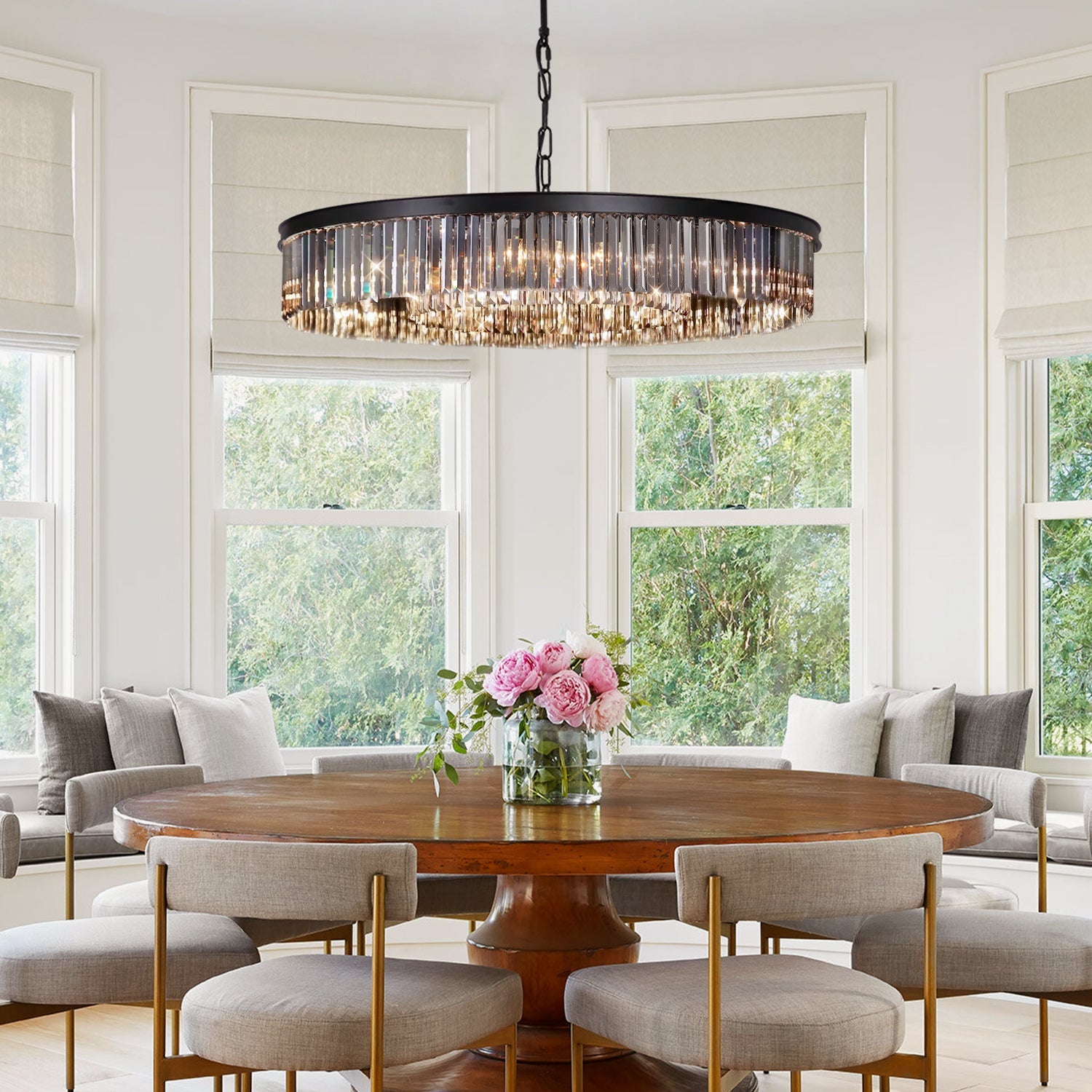 A black crystal chandelier round design-pendant light for the dining room | Feyran