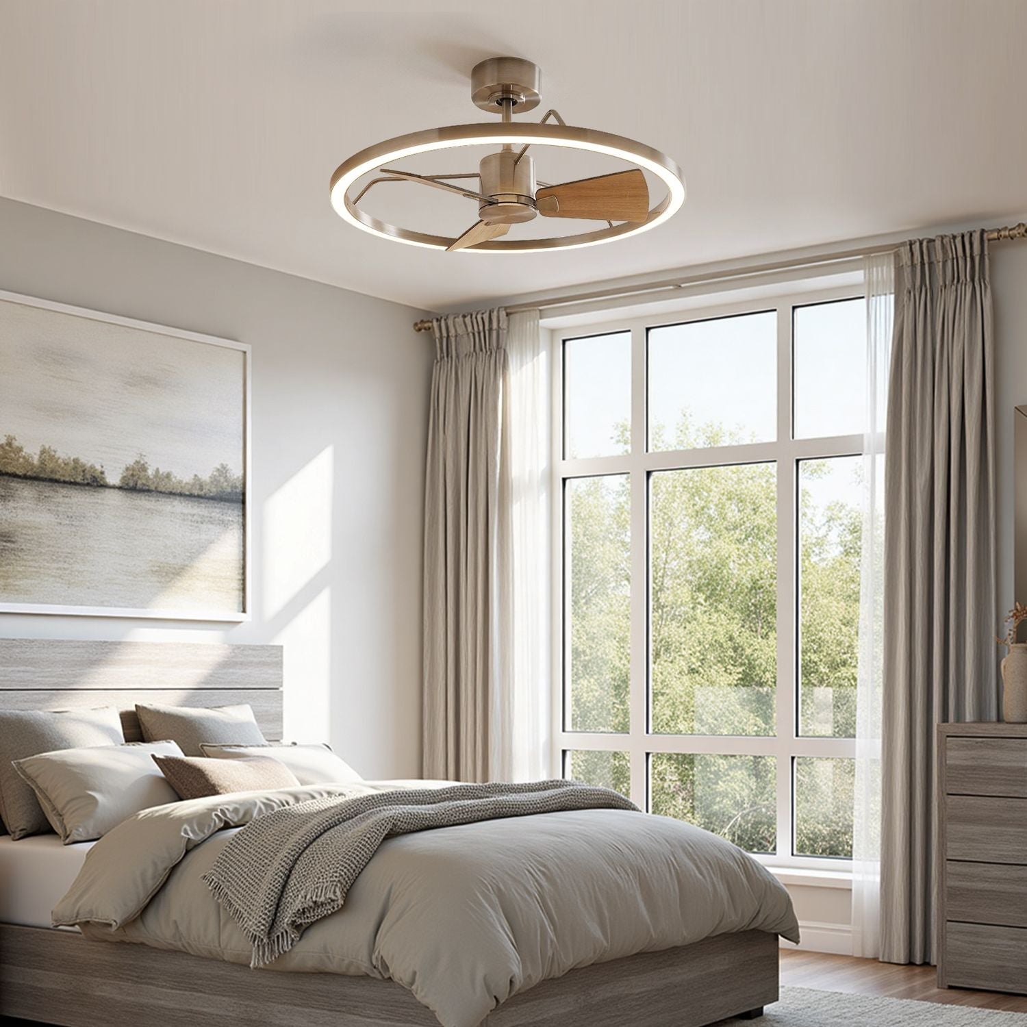 close up detail of brushed nickel ceiling fan with wooden blades and led light ring