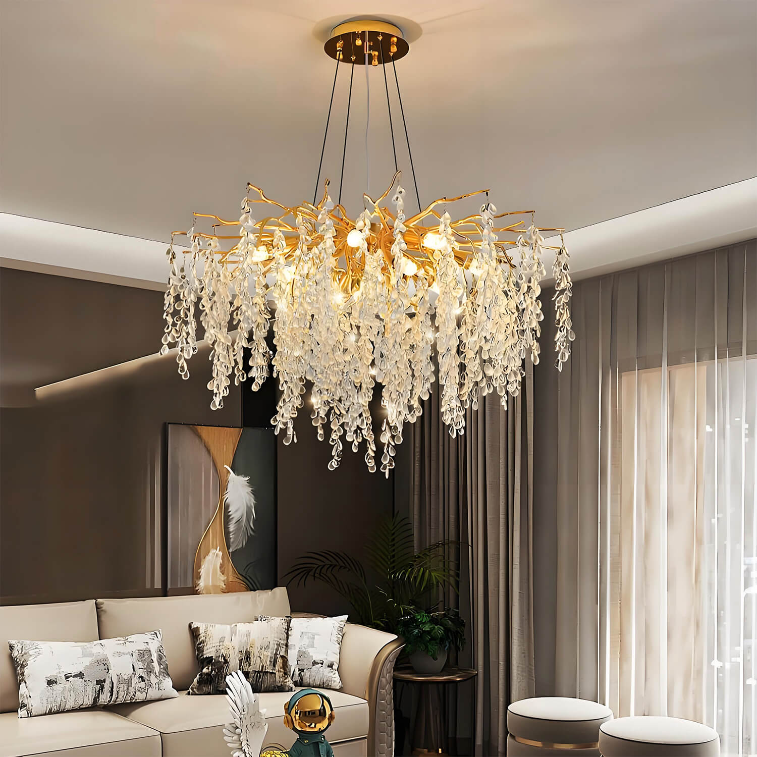 Elegant Luxury French Creative Branch Design with Tassel Crystals Chandelier- livingroom-4 | Feyran
