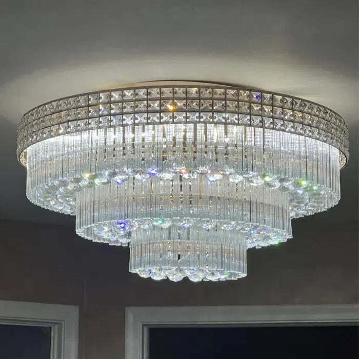 Extra Large Three Layers Round Luxury Flush Mounted Crystal Chandelier for Living Room-Feyran-D31.5"*H14.2"-Warm Light-Brass-Feyran