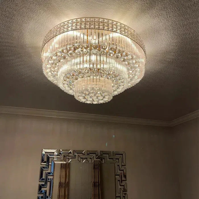 Extra Large Three Layers Round Luxury Flush Mounted Crystal Chandelier for Living Room-Feyran-D31.5"*H14.2"-Warm Light-Brass-Feyran