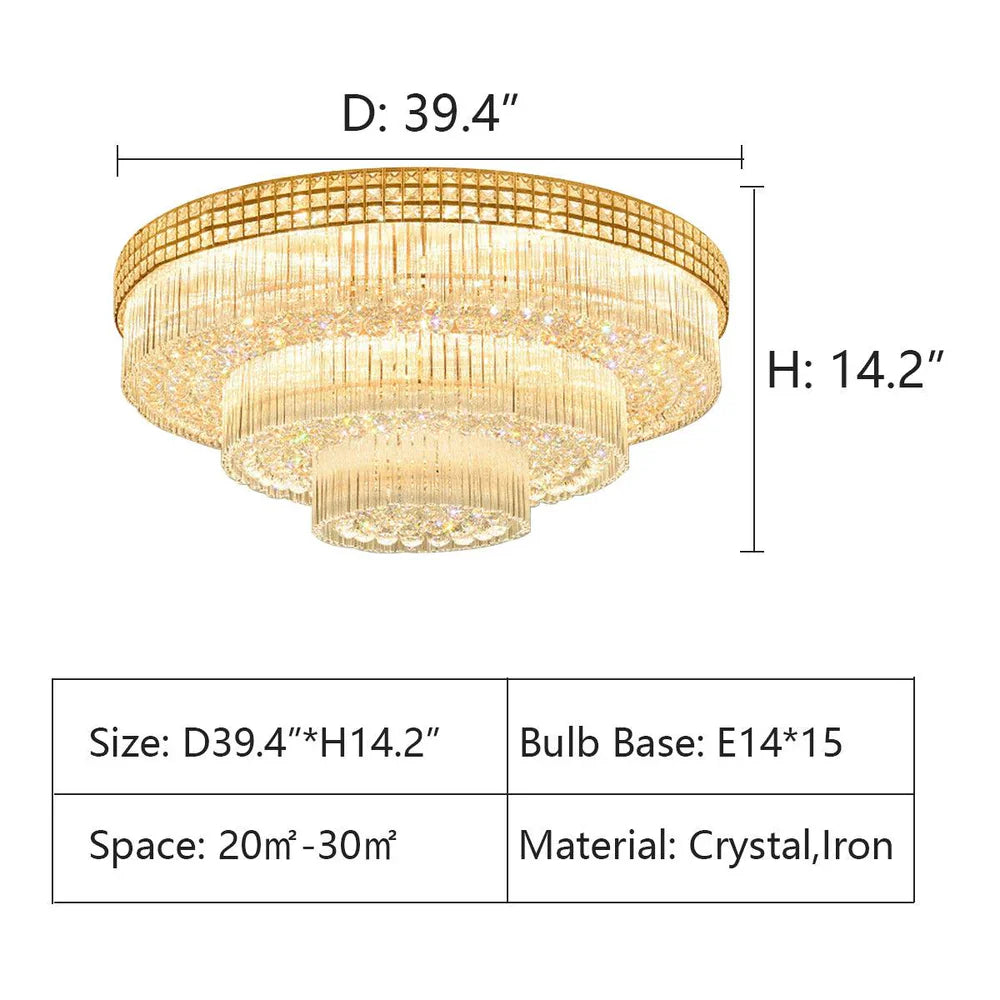 Extra Large Three Layers Round Luxury Flush Mounted Crystal Chandelier for Living Room-Feyran-D31.5"*H14.2"-Warm Light-Brass-Feyran