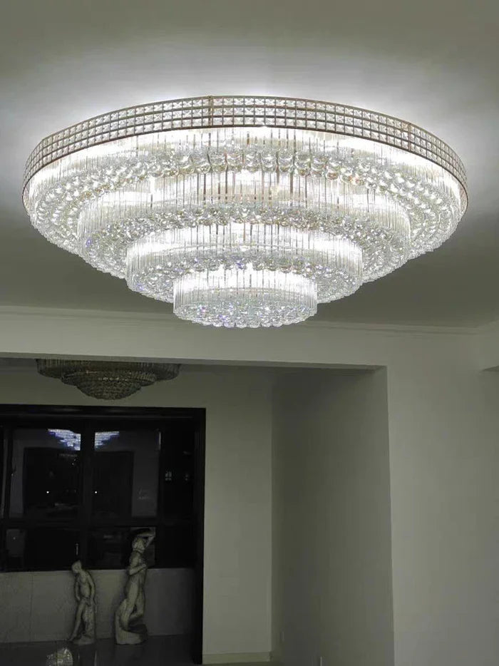 Extra Large Three Layers Round Luxury Flush Mounted Crystal Chandelier for Living Room-Feyran-D31.5"*H14.2"-White Light-Brass-Feyran
