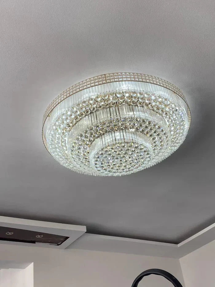 Extra Large Three Layers Round Luxury Flush Mounted Crystal Chandelier for Living Room-Feyran-D47.2"*H14.2"-White Light-Brass-Feyran