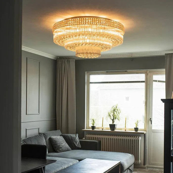Extra Large Three Layers Round Luxury Flush Mounted Crystal Chandelier for Living Room-Feyran-D31.5"*H14.2"-Warm Light-Brass-Feyran