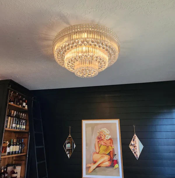 Extra Large Three Layers Round Luxury Flush Mounted Crystal Chandelier for Living Room-Feyran-D31.5"*H14.2"-Warm Light-Brass-Feyran