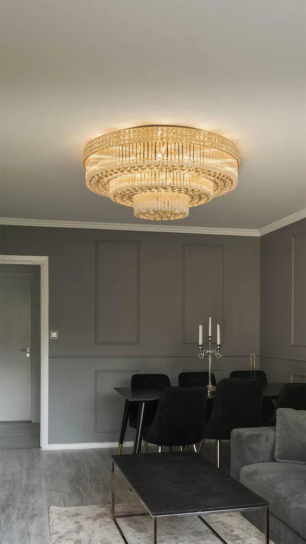 Extra Large Three Layers Round Luxury Flush Mounted Crystal Chandelier for Living Room-Feyran-D31.5"*H14.2"-Warm Light-Brass-Feyran