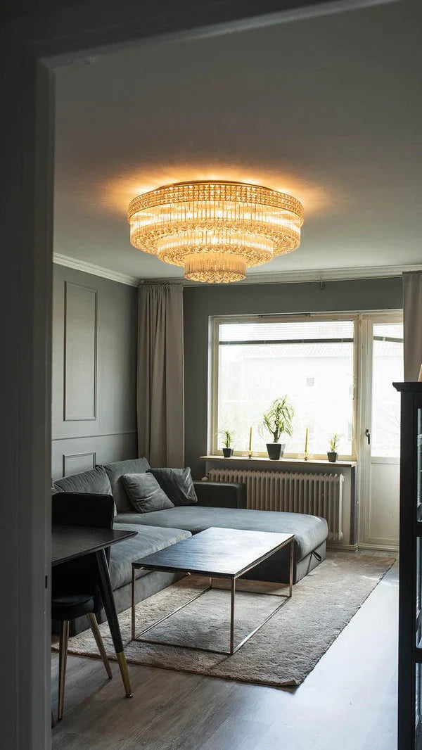 Extra Large Three Layers Round Luxury Flush Mounted Crystal Chandelier for Living Room-Feyran-D31.5"*H14.2"-Warm Light-Brass-Feyran
